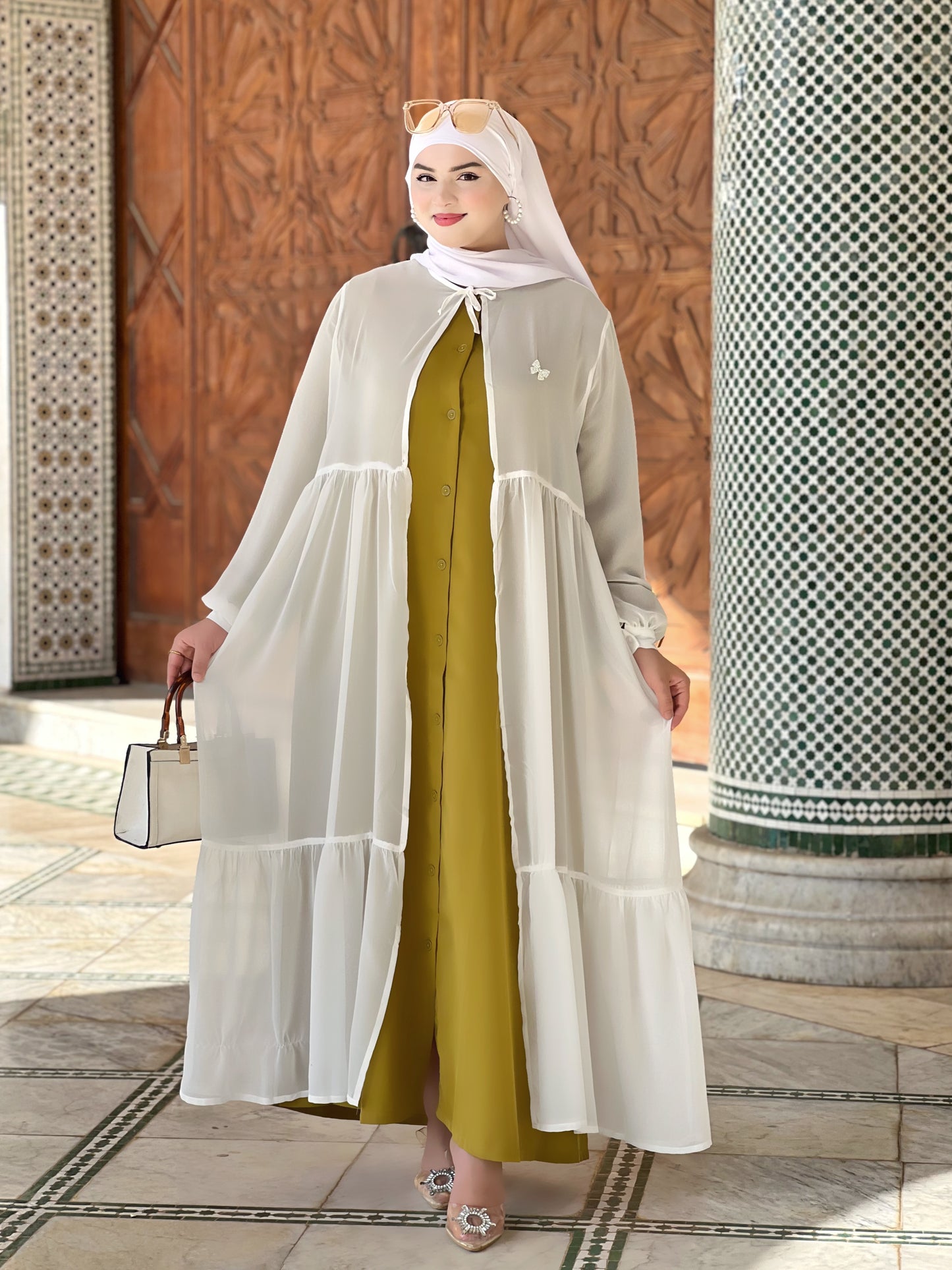 ABAYA YAMAMA Moutarde/Blanc